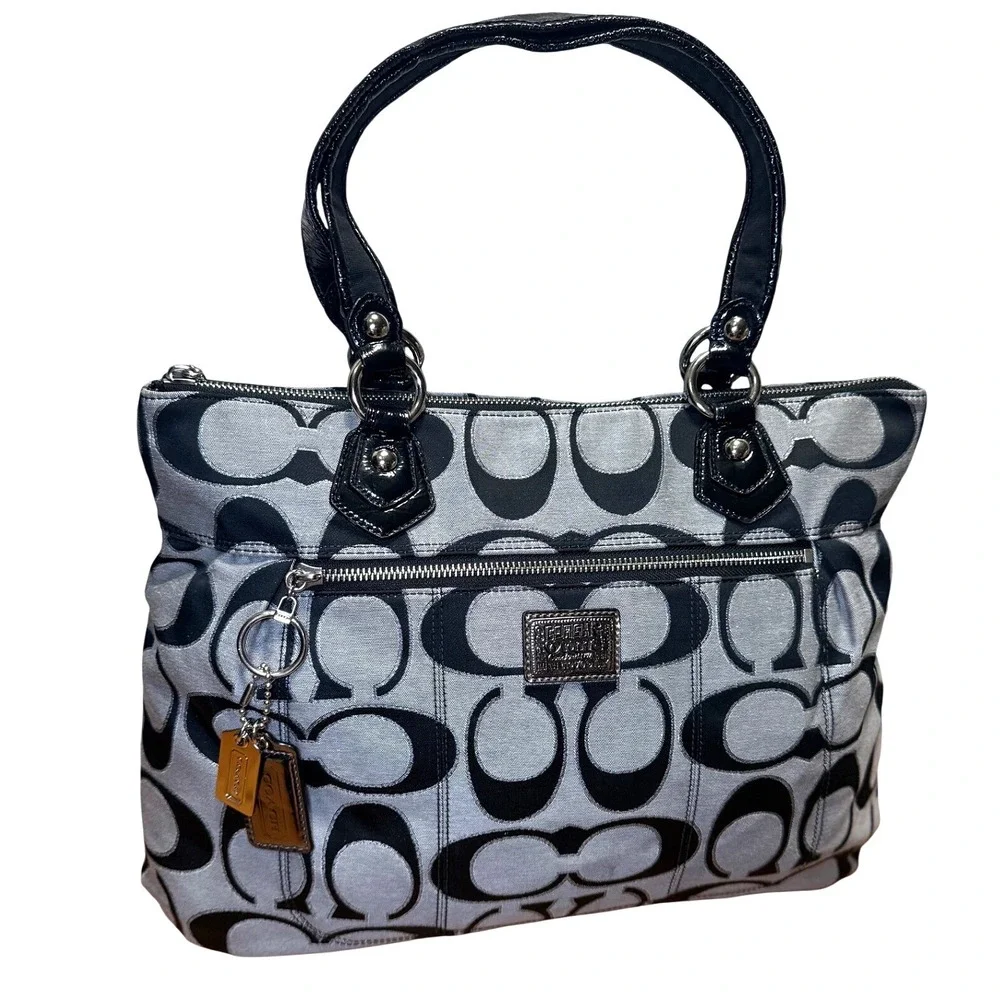 Coach Poppy Glam Tote 17890 Black Gray Signature‎ Shoulder Bag Canvas 2011 Clean